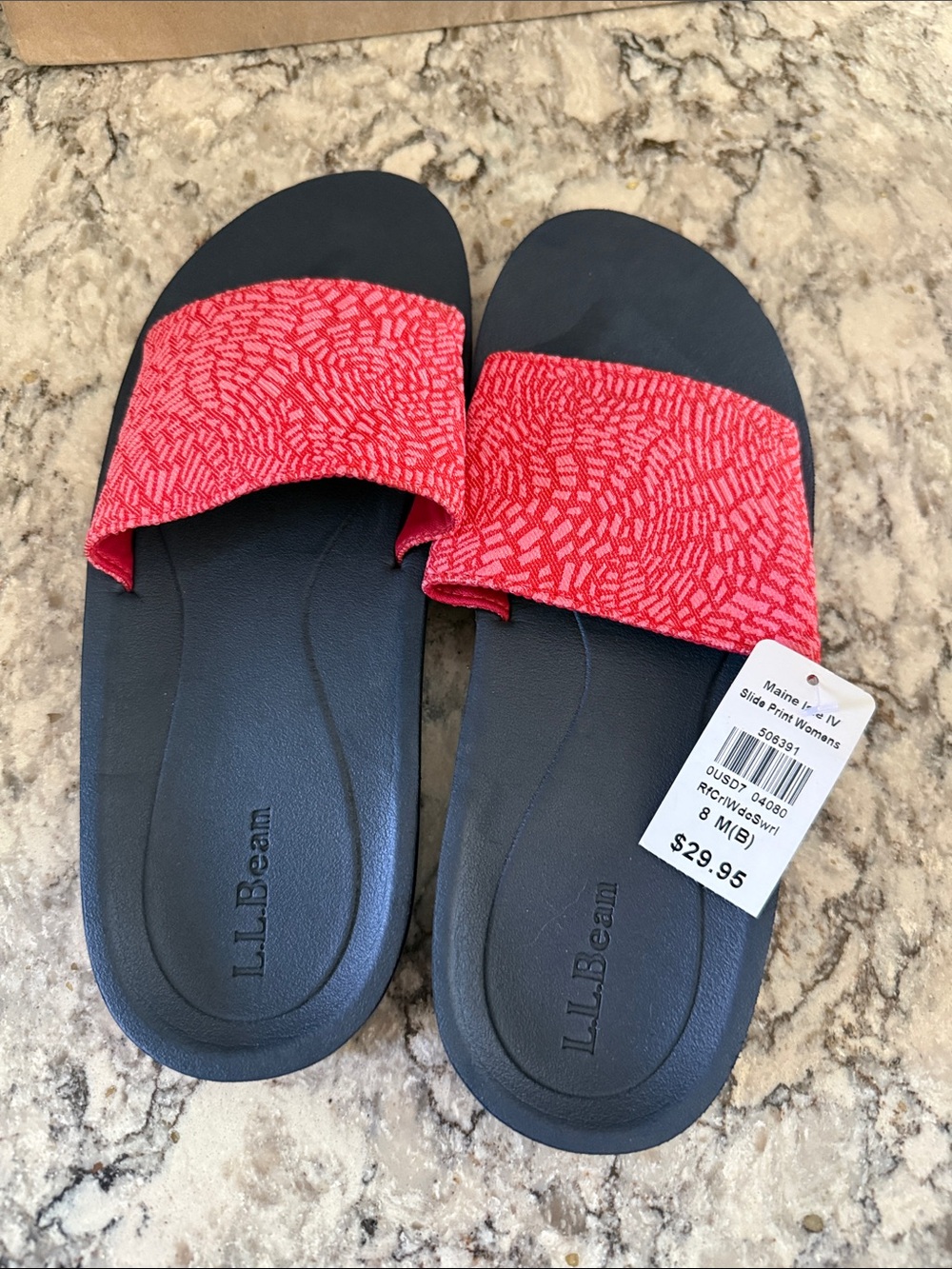 L.L. Bean Women's Red Patterned Slide Sandals with Black Footbed